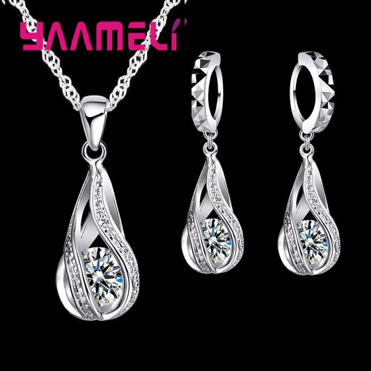 Hot Water Drop CZ 925 Sterling Silver Plated Jewelry Set for Women Pendant Necklace Hoop Earrings Wedding Party Ceremoey Anel