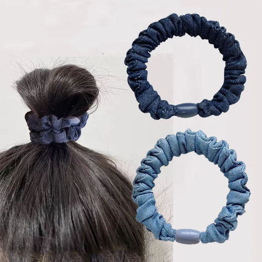 4PC Korean Denim Solid Blue Elasticity Hair Ties Rope Scrunchies for Women Girls Sport Ponytail Holder Hair Accessories
